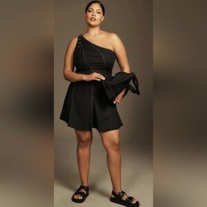 Anthropologie Linen One-Shoulder Seamed Mini Dress